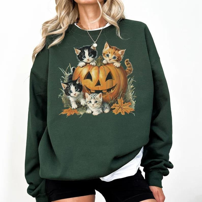 Vintage 90s Cat Halloween Sweatshirt, Cute Cat Halloween Shirt, Spooky Season Tee, Pumpkin Shirt, Cat Lover Shirt, Black...