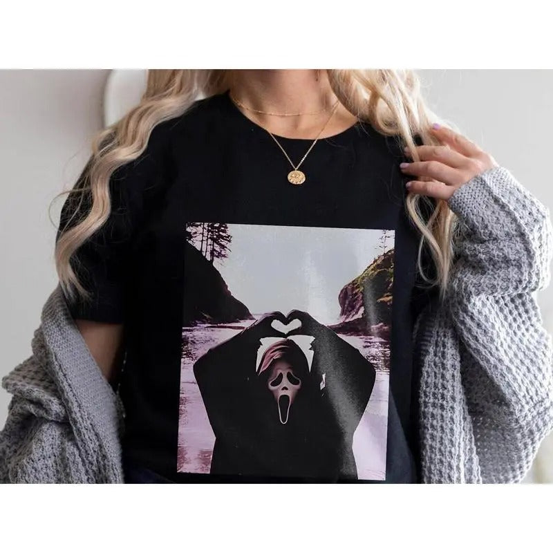 Vintage 90s Halloween Ghostface Heart Hands shirt, Scary Movies Tee, Funny Ghost Face T-Shirt, Horror Characters Club Shirts, meme graphic tees, dumb shirts
