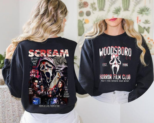 Vintage 90s Halloween Scream Sweatshirt and Hoodie, Woodsboro Horror Film Club Sweatshirt, Horror Character Sweater