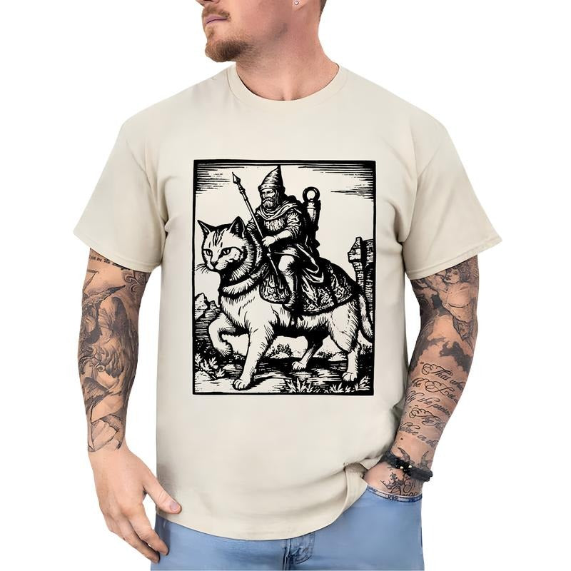 Vintage 90s Knight Riding Cat Shirt for Men, Funny Meme Knight Kitten T-shirt, Retro Dark Art Tops, Cat Lover Gifts, Cat...