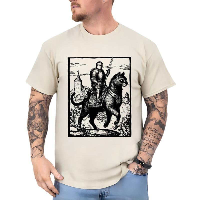 Vintage 90s Knight Riding Cat Shirt for Men, Knight Kitten T-shirt, Retro Dark Art Tops, Cat Lover Gifts, Funny Meme...