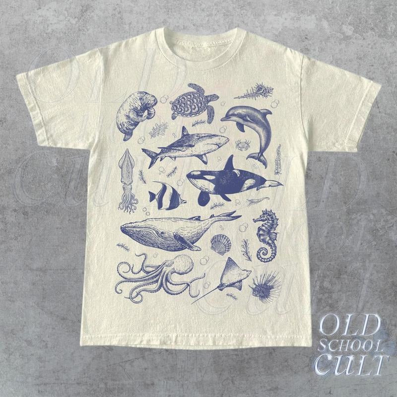 Vintage 90s Tattoo Sea Animal Tshirt Retro Ocean Nature Shirt Sealife Ocean Whale Orca Turtle Dolphin Shirt Unisex...