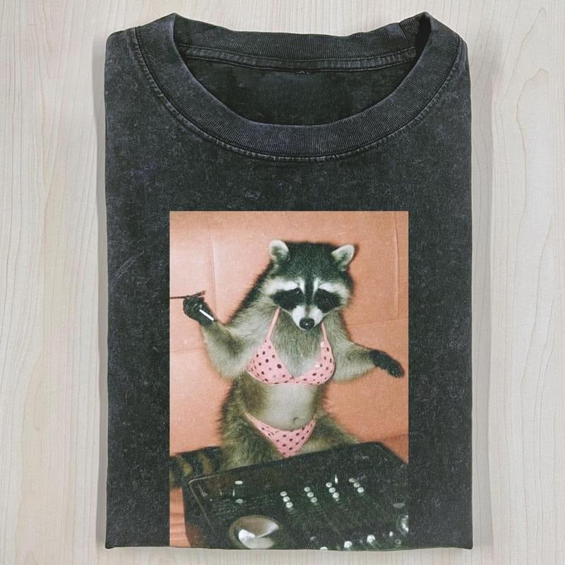 Vintage 90s raccoon wearing a pink T-shirt, polka-dotted bikini, DJ T-shirt, meme shirts, funny graphic tee, Oversized...