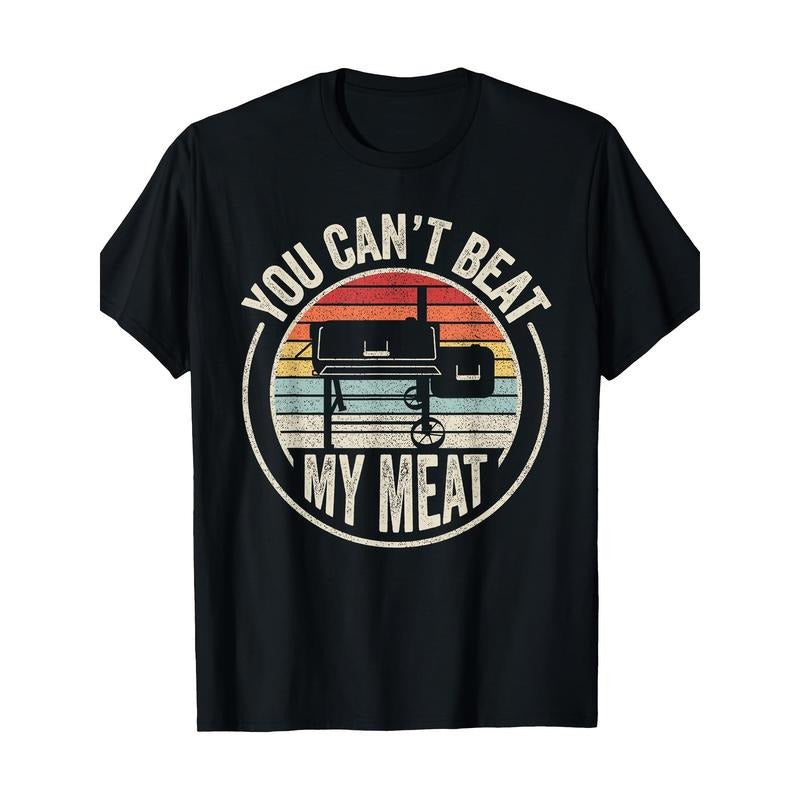 Vintage BBQ 'You Can't Beat My Meat' Graphic Tee - 100% Cotton, Short Sleeve, Crew Neck