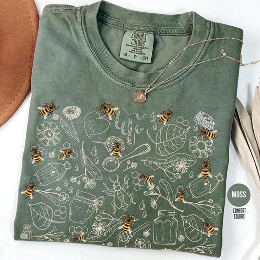 Vintage Bee Botanical T-Shirt, Honeycomb Doodle Shirt, Unique Honey Bees Shirt, Bee Lovers Tee, Comfort Colors T-Shirts, Bumblebees Shirt