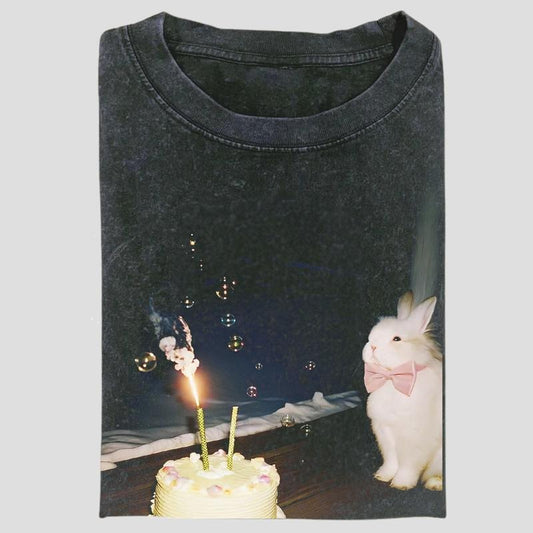 Vintage Birthday Bunny Graphic Tee, Cute Rabbit Celebration Shirt, Whimsical Party Animal Aesthetic, Unisex Menswear Womenswear Top