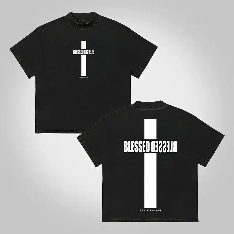 Vintage Blessed Cross God Bless You Graphic Print Cotton T-Shirt graphic  tee mens  clothing Crewneck Menswear