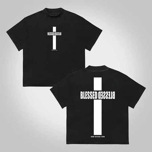 Vintage Blessed Cross God Bless You Graphic Print Cotton T-Shirt graphic  tee mens  clothing Crewneck Menswear