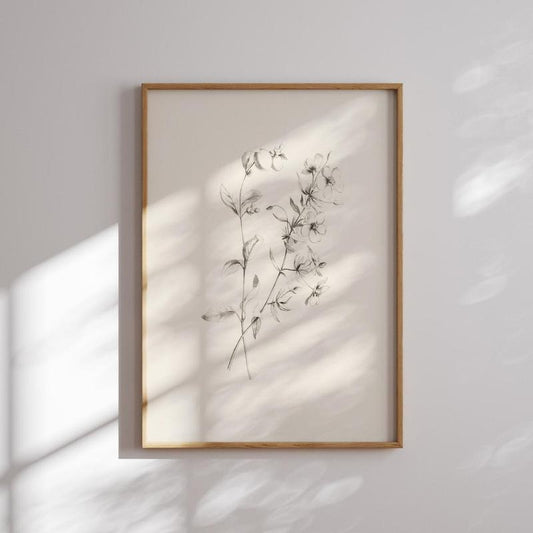 Vintage Botanical Sketch Print Antique Elegant Flower Pencil Art Minimalist Home Decor, Downloadable Print, Simple Floral Line