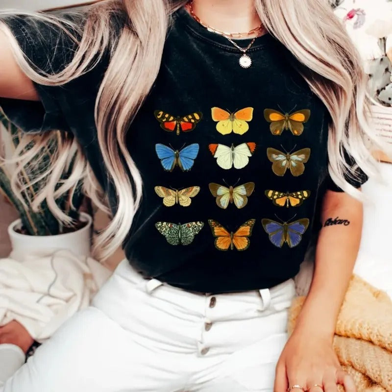 Vintage Butterflies Graphic T-shirt - vintage 90s graphic tees, Aesthetic Butterfly Shirt, 90s T-Shirt, Botanical Nature Illustration Menswear Top Womenswear Underwear Streetwear Comfort Lady Tshirt