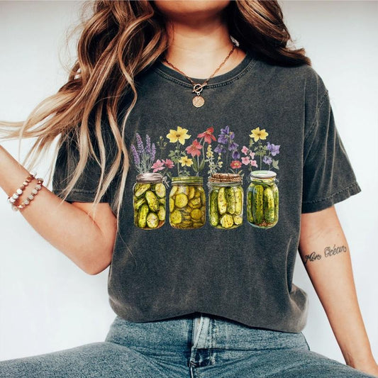 Vintage Canned Pickles Shirt, Pickle T-shirt, Pickle Lover Shirt, Canning Season Shirt, Gift for Gardener, Pickle Lovers Tee for Her, Vintage Canned Pickles with Floral Shirt, Willdflower Shirt for Her, Comfort Shirt for Women, Pickles Tee, Women Top