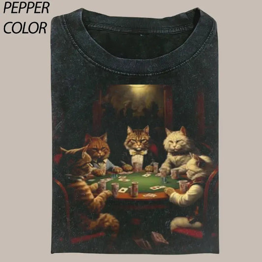 Vintage Cat Gang Playing Poker Crewneck T-shirt, Funny Cat Lover Graphic Tee, Valentine's Day For Her, Valentine's Gift For Boyfriend Menswear Top