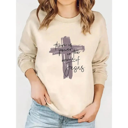 Vintage Chic Cross & Letter Print Pullover Sweatshirt - Women's Long Sleeve Crew Neck Fashion Sweatshirts with Relaxed Fit and Soft Fleece Lining - Perfect for Casual Daily Wear and Layering