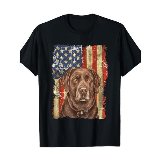 Vintage Chocolate Lab & American Flag Graphic T-Shirt, 100% Cotton, Basic Crew Neck, Regular Fit, Short Sleeve, Slight Stretch, Geometric-Pattern, for Casual Adult Pullover, All-Season Made in USA