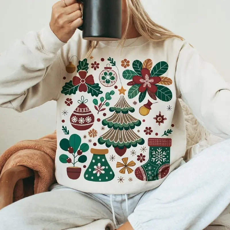 Vintage Christmas Boho Shirt, Merry And Bright Christmas Hand Drawn Tshirt