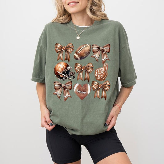 Vintage Coquette Football Bow Shirt, Girly Football Graphic Printed Tee for Girls, Retro Game Day Tshirt, Fall Sports T-shirt for Women, Touchdown Season Shirt, Oversized Women's Tops, Fall Casual Womenswear, Cotton Fabric Relaxed Fit Chic Style
