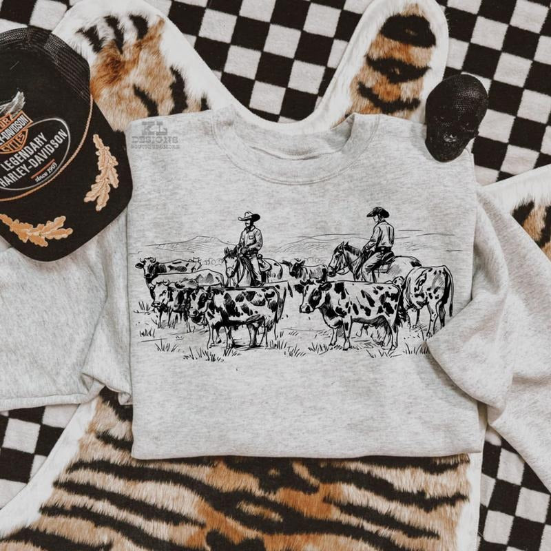 Vintage Cowboys & Cattle Scene Sweatshirt, vintage crewneck sweatshirts, western outfit women, cowgirl outfits, western...
