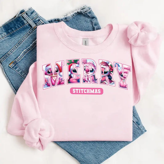 Vintage Cute Cartoon Merrymas Pink Sweatshirt for Men and Women, Unisex Retro Xmas Tee - Cotton, Fabric