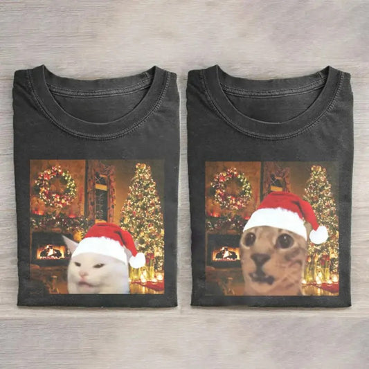 Vintage Cute Christmas Cat Meme Graphic Tee - Cat Santa Claus Shirt - Merry Christmas - Christmas Gifts - Cute Couple Shirt for Christmas - Gift for Friends