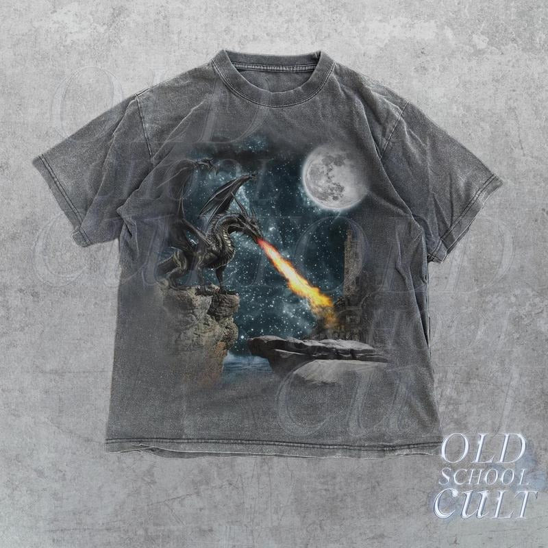Vintage Dragon Castle Dark Art T-Shirt, Retro Dragon 90s Graphic T Shirt, Gothic Nostalgia Horror T Shirt, Dark Academia Aesthetic Shirt
