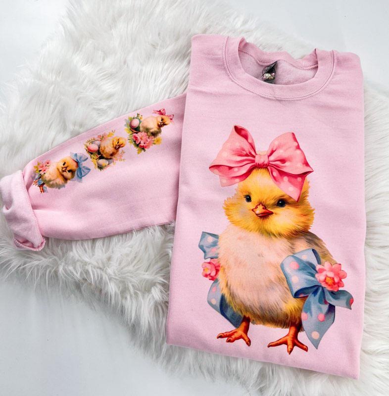 Vintage Easter Chicks Sweatshirt with sleeve print Fabric Womenswear Comfy T-Shirts, Hoodie | DripVista.com
