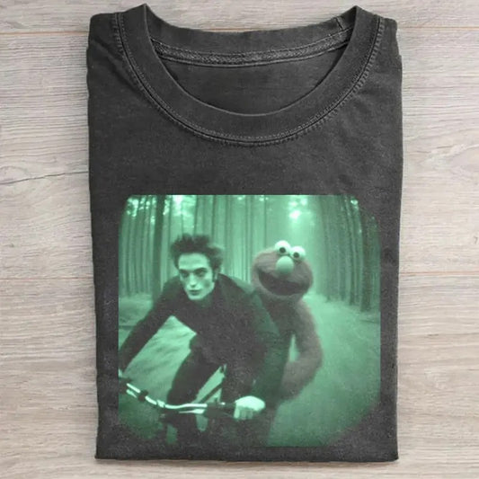 Vintage Elmo And Edward Cullen Riding A Bike Graphic Tee - Sesame Street Funny Shirt - Twilight Saga Movie Graphic Tee - Movie Lover Gifts - Parody Movie Shirt