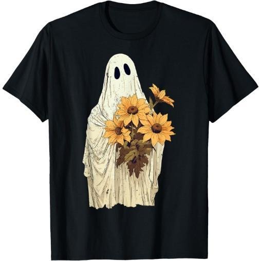 Vintage Floral Ghost Sunflowers Spooky Halloween Graphic T-Shirt Made in USA Hoodie, Sweatshirt | DripVista.com