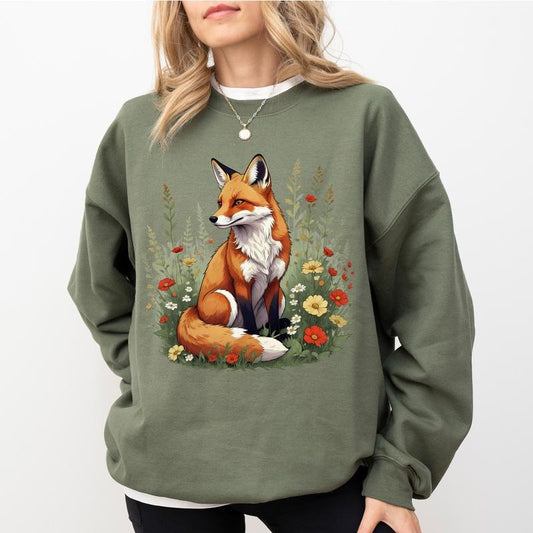 Vintage Flower Fox Sweatshirt, Fairycore Sweater, Cute Fox Crewneck, Forest Animal Long Sleeves Pullover, Gift for Her, Wildflower Fox Womenswear