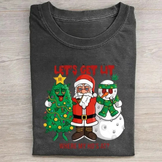 Vintage Funny Christmas Graphic Tee -  Let's Get Lit, Where My Ho's At Shirt - Santa Stoner Claus Shirt - Stoner Gifts - Cannabis on Christmas Day - Snowman - Christmas Gifts