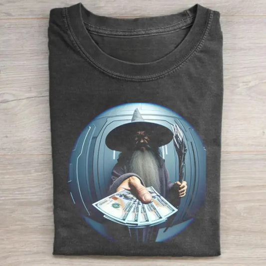 Vintage Gandalf Flexing Money Graphic Tee - Harry Potter Movie Tshirt - Wizards Graphic Tee - Funny Shirt - Casual Crewneck - Halloween Shirt