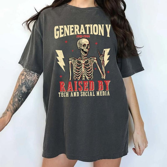 Vintage Gen Y Shirt Comfort Colors, Gen Y Raised By Tech And Social Media Graphic Tee, Retro Generation Y Unhinged Tees, Funny Skeleton T-shirt