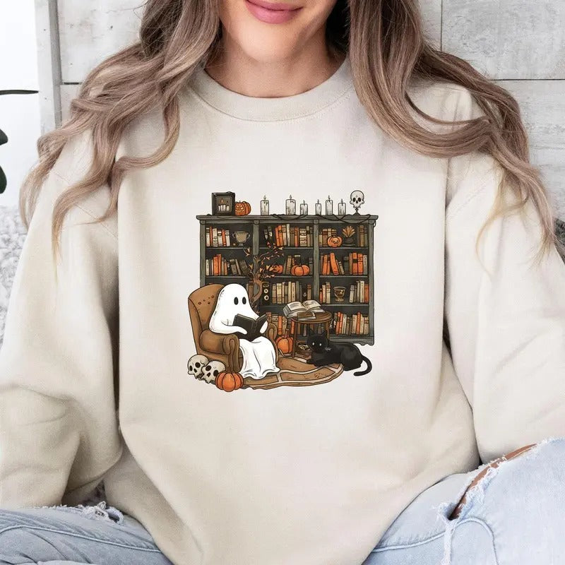 Vintage Ghost Reading Book Sweatshirt, Black Cat Ghost Sweater, Halloween Reading Ghost T-Shirt, Halloween Bookish Tee...