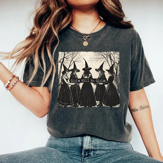 Vintage Girls Will Be Girls Witch T-Shirt, Funny Witch Vintage Shirt, Vintage Halloween Women Shirt, Witchy Vibes Shirt