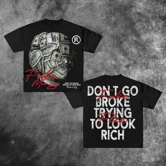 Vintage Graphic Don't Go Broke Trying To Look Rich Cotton Short Sleeve T-Shirt for Men - Top Tees Menswear Streetwear Tropical Crewneck Shortsleeve Casual Apparel Polyester