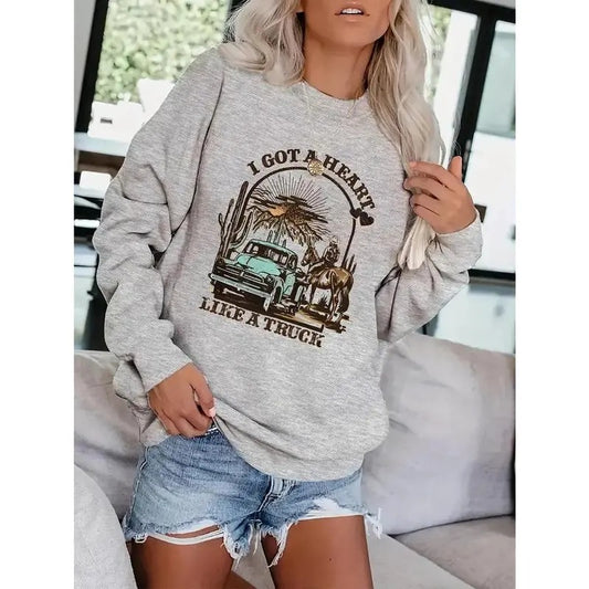 Vintage Graphic Print Pullover Sweatshirt, Casual Loose Drop Shoulder Sweatshirt For Fall & Winter, Women's Clothing