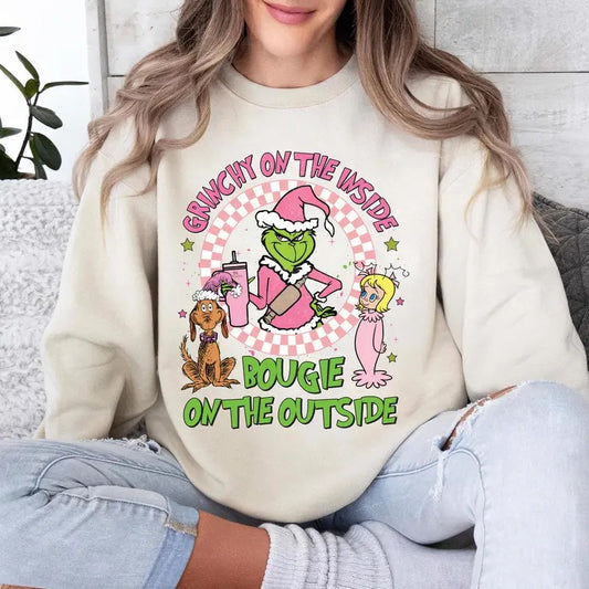 Vintage Grlnchy On The Inside Sweatshirt, boujiee on the outside Christmas grinnch sweatshirt, Lady Casual Round Neck Cotton