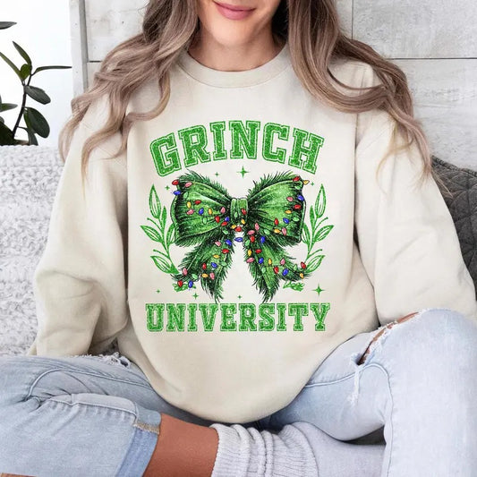 Vintage Grnchmas Coquette Bow Sweatshirt, Christmas Green Bow sweatshirt Shirt, Christmas Lights Bow Shirt, grinnch bow