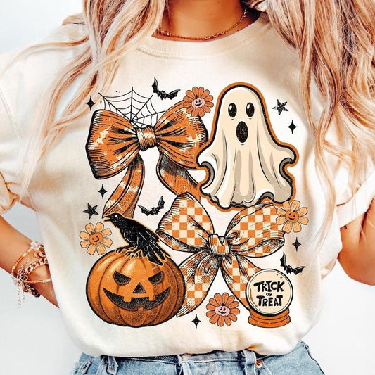 Vintage Halloween Ghost Coquette Tshirt, Spooky Season Tee, Floral Fall Pumpkin Bow Shirt, Retro Checkered Halloween, Witchy Vibes T-Shirt