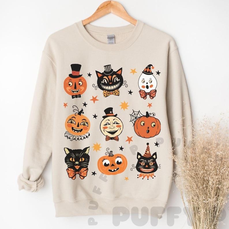 Vintage Halloween Shirt Cute Halloween Sweatshirt Black Cat Primitive Halloween Pumpkin Shirt Folk Art Retro Halloween...