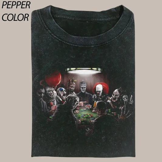 Vintage Horror Gang Playing Poker Crewneck T-shirt, Horror Characters Movies Tee, Valentine's Day For Him, Valentine's Gift For Boyfriend Menswear Top