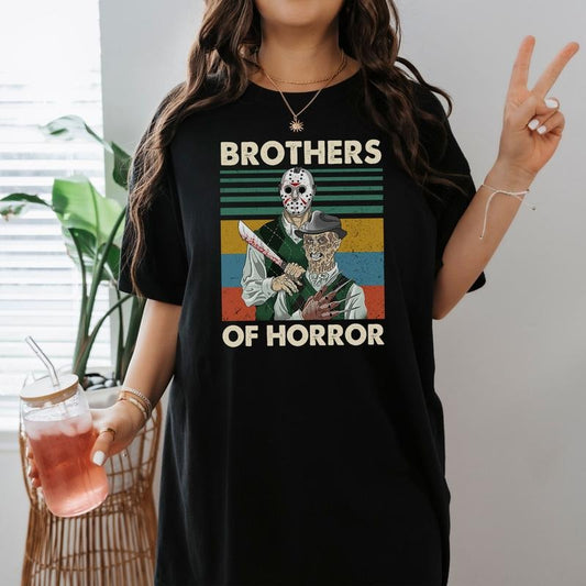 Vintage Horror Movie Characters T Shirt Brothers Of Horror Tshirt, Jason Voorhees Freddy Krueger T-Shirt, Halloween Gifts Halloween Movie Shirt