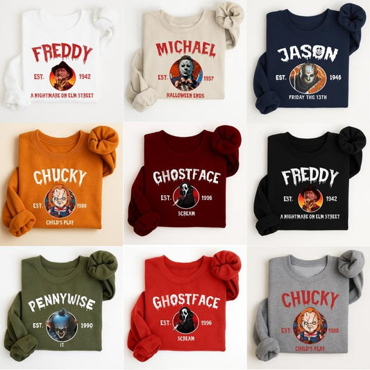 Vintage Horrors Movie Characters Sweatshirt, Halloween Crewneck, Spooky Streetwear, Scary Movie Graphic Pullover, Casual Fall Apparel