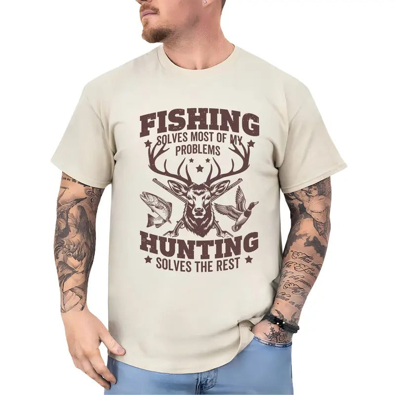 Vintage Hunting Shirt, Fishing Solves My Problems, Buck Hunting Tee, Duck Hunting Tshirt, Fishing T-shirt, Mallard Hunt Tee, Deer Hunter Husband Gifts Ideas, Gift for Dad, Short Sleeve Casual Menswear
