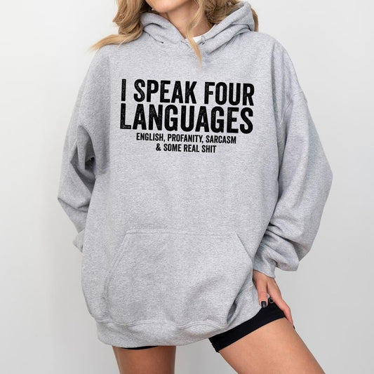 Vintage I Speak Four Languages Hoodie, Retro Adult Humor Sassy Graphic Hoodies, Funny Saying Hoodie, Sarcastic Hoodies, Vintage Unisex Outfits