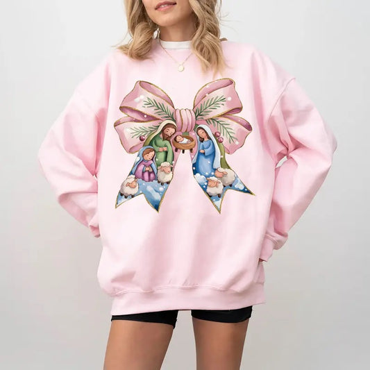 Vintage Jesus Christmas Coquette Bow Sweatshirt, Christian Christmas Sweatshirt, Nativity Scene Shirt, Pink Christmas Coquette Gift, Xmas Gift