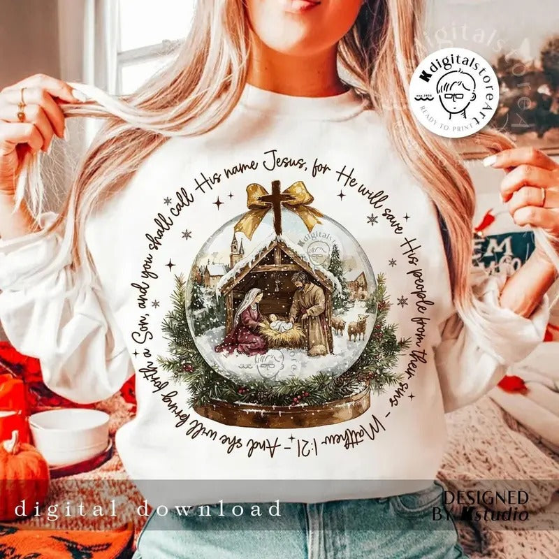 Vintage Jesus Christmas Night Sweatshirt, His Name Jesus He Will Save His People Shirt, Christmas Bible Verse Christian Jesus Quotes Sweater