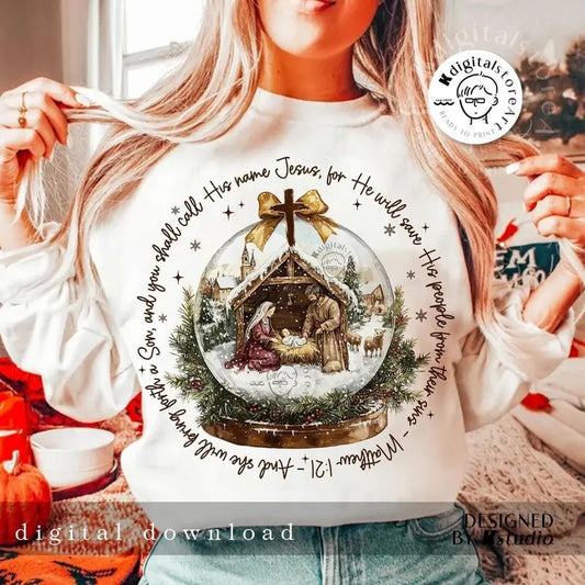 Vintage Jesus Christmas Night Sweatshirt, His Name Jesus He Will Save His People Shirt, Christmas Bible Verse Christian Jesus Quotes Sweater