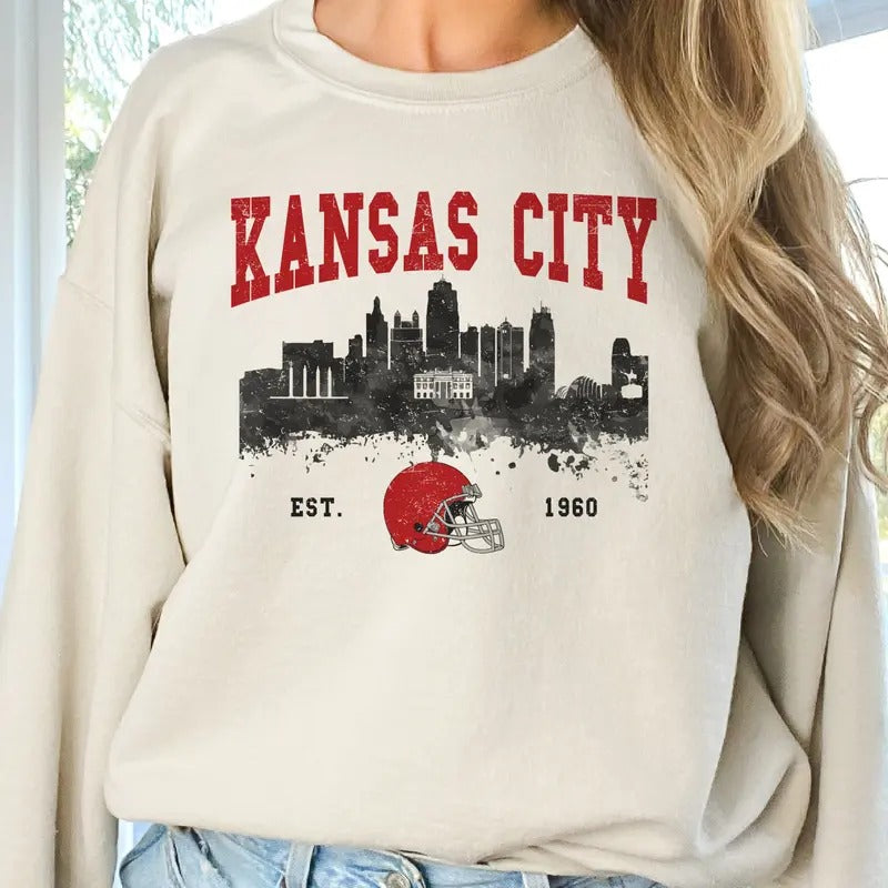 Vintage Kansas City Fan Football Sweatshirts Kansas City Game Day City Pullover Fanatic Football Fan Top Womens Casual Sports Sweatshirts Sublimation Print Vintage Pullover