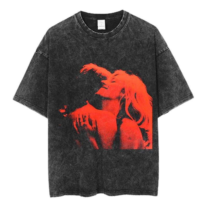 Vintage Lovers Embrace Red Graphic Tee, Indie Pop Band Tour Shirt, Vaporwave Aesthetic Streetwear, Washed Black Unisex Music Fan T-Shirt