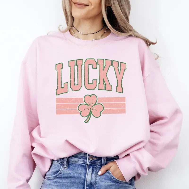Vintage Lucky, Collegiate, Varsity, Stripes, St Patrick's Day, Shamrock, Clover, Lucky, Leprechaun Sweatshirt, Crew Neck, Women's, Crewneck